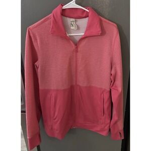 Adidas Jacket Women's Large Pink Stripe Climalite Full Zip Thumbholes Track